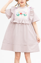 Robe Lolita douce à taille haute avec manches courtes à volants, imprimé floral de dessin animé, col rond rose